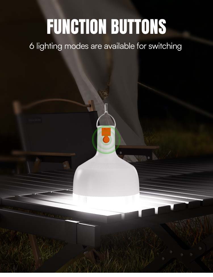 LED camping lantern 7855C/7856C/7857C function button for switching between 6 lighting modes.
