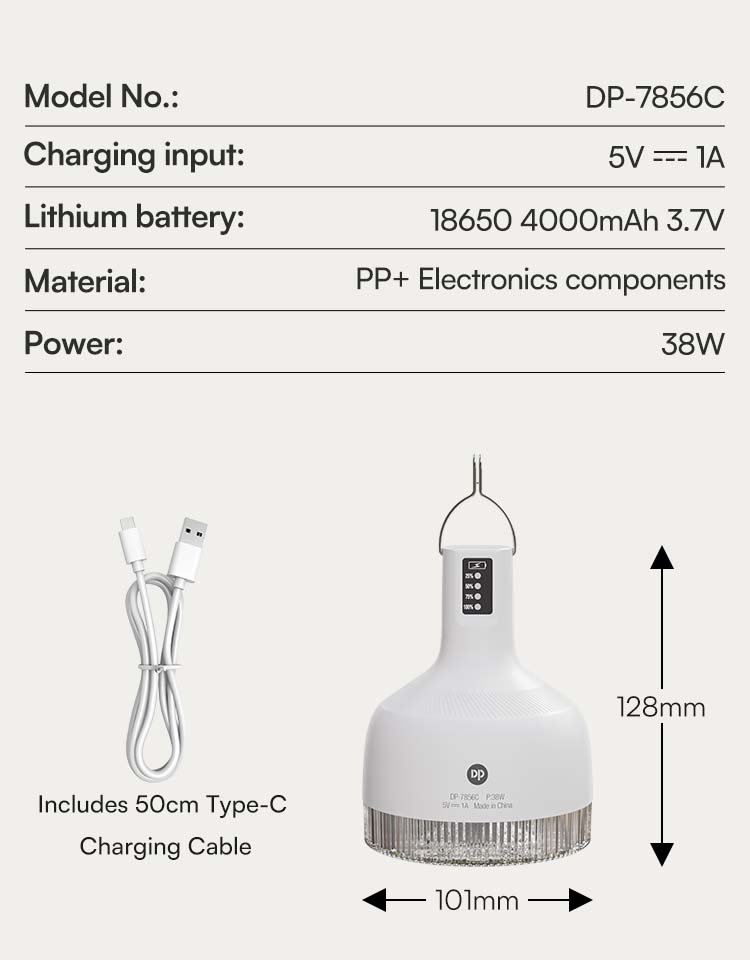 Specifications of 7856C LED camping lantern detailing 38W power, 4000mAh battery, and PP material.