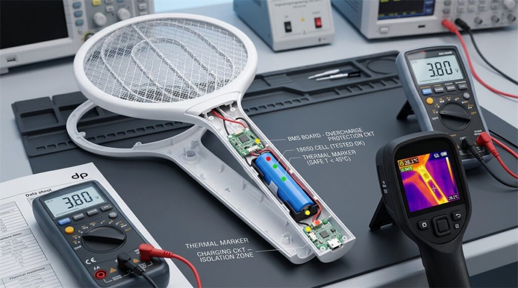 A rechargeable mosquito swatter battery system is inspected for fire-risk protection.