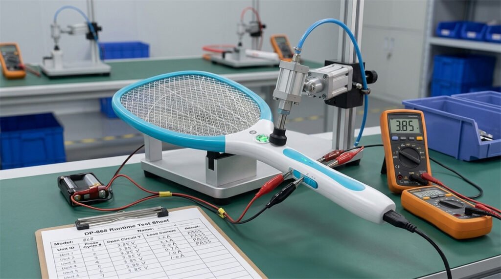 Battery charging and switch durability are tested on electric mosquito swatter samples.