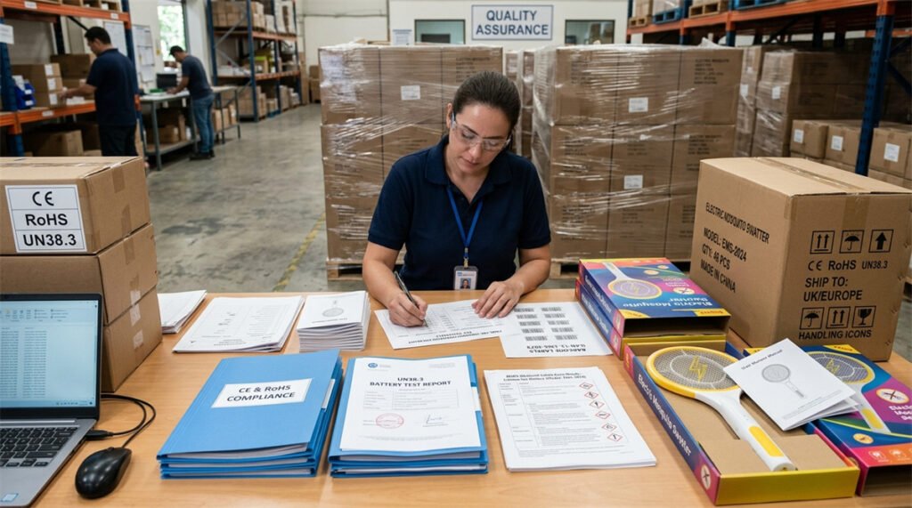 Compliance files and shipment cartons are checked before mosquito swatter export.