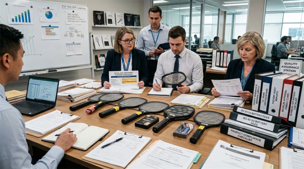 A retail compliance team audits electric mosquito swatter samples for recall risk.