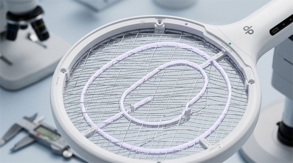 A close-up view shows the protective mesh and grid structure of an electric mosquito swatter.