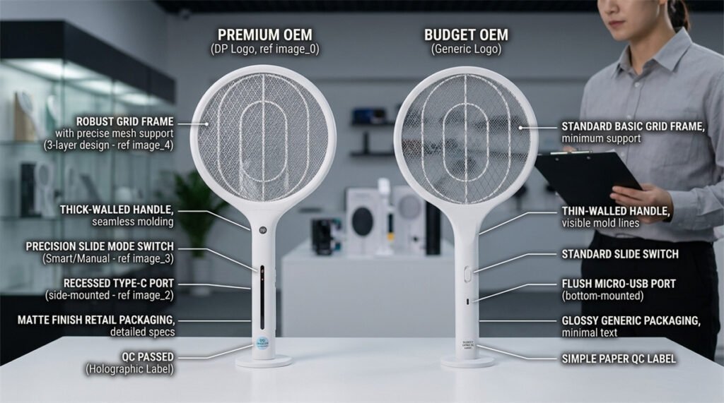 OEM mosquito swatter samples are compared for grid, switch, housing, and packaging quality.