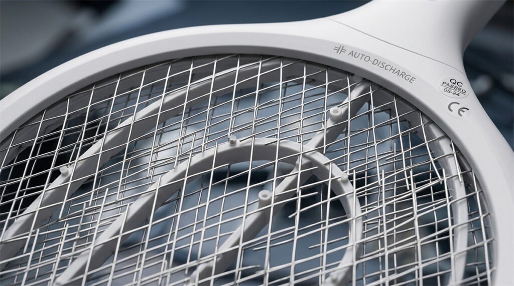 A triple-layer mosquito swatter grid is inspected for isolation and contact safety.