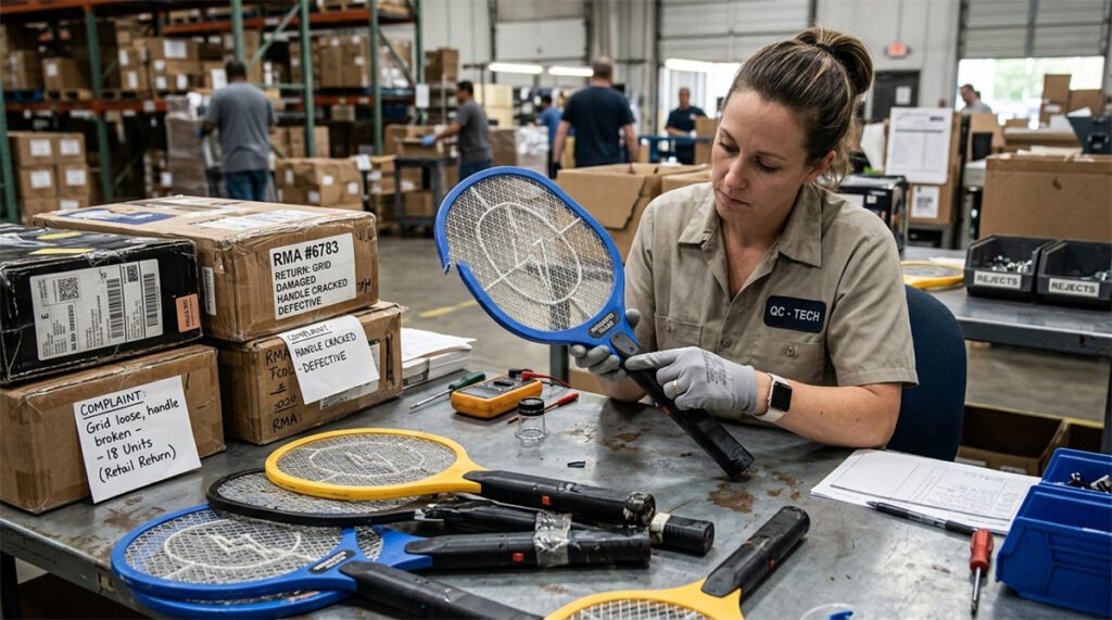 Returned mosquito swatters are reviewed by a distributor after retail complaints.