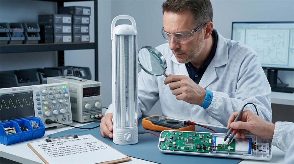 An engineer checks battery runtime and LED layout on a portable emergency light sample.
