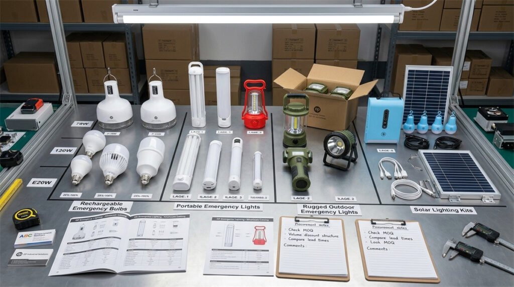An emergency lighting product matrix is reviewed on a distributor sourcing table.