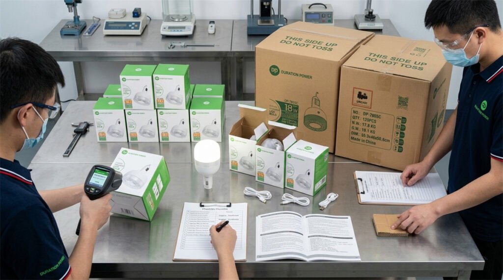 Emergency light cartons are inspected for plug type, labels, and packaging strength.