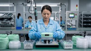A factory worker carefully assembles the flame-retardant ABS plastic housing of a premium wireless emergency bulb.