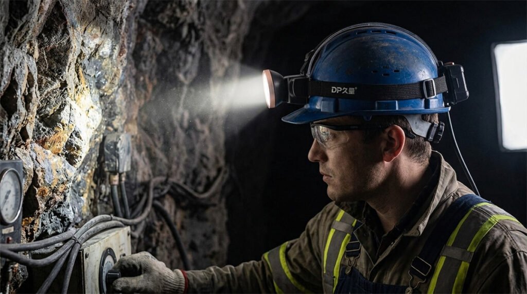 A miner wearing a heavy-duty LED headlamp illuminating a dark subterranean tunnel during a shift.