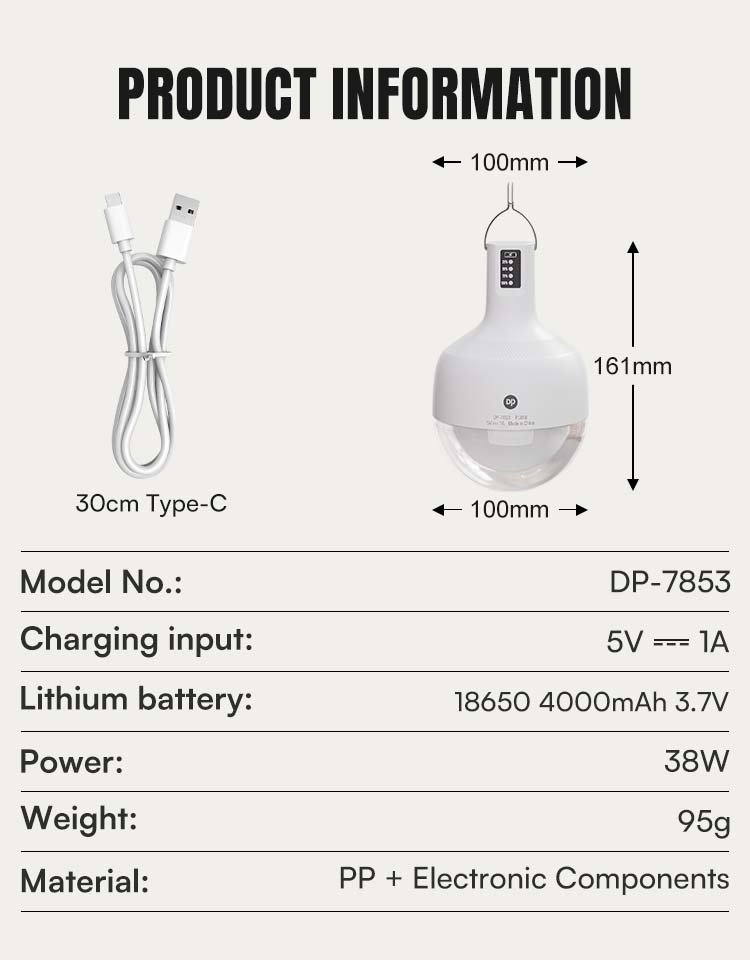 Specifications of 7853 LED camping lantern detailing 38W power, 4000mAh battery, and PP material.