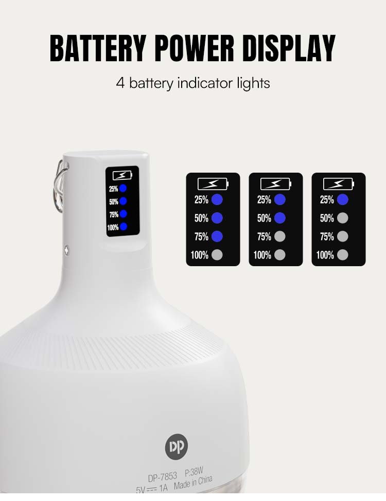 LED camping lantern 7853 featuring a 4-level battery power display indicating 25% to 100%.