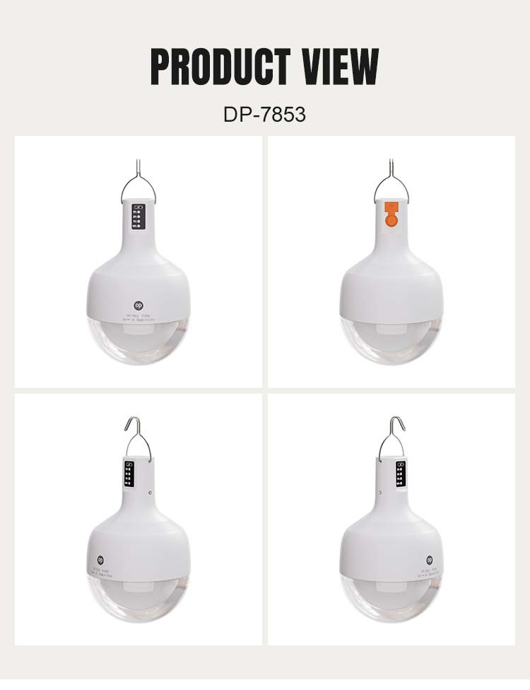Multi-angle product view of LED camping lantern 7853 showing the hanging hook and control button.