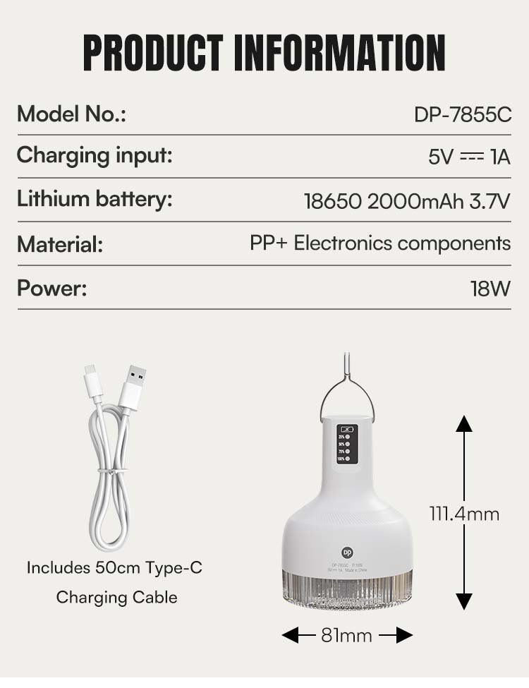 Specifications of 7855C LED camping lantern detailing 18W power, 2000mAh battery, and PP material.