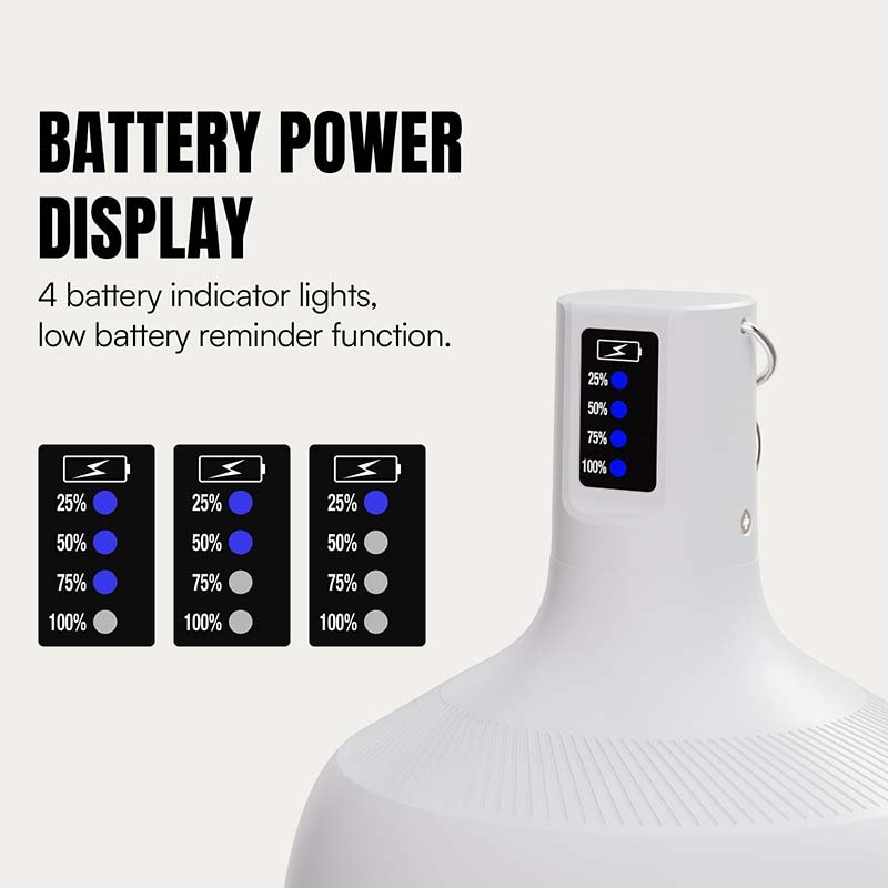 LED camping lantern 7855C/7856C/7857C with 4-level battery indicator display showing 25% to 100% capacity.
