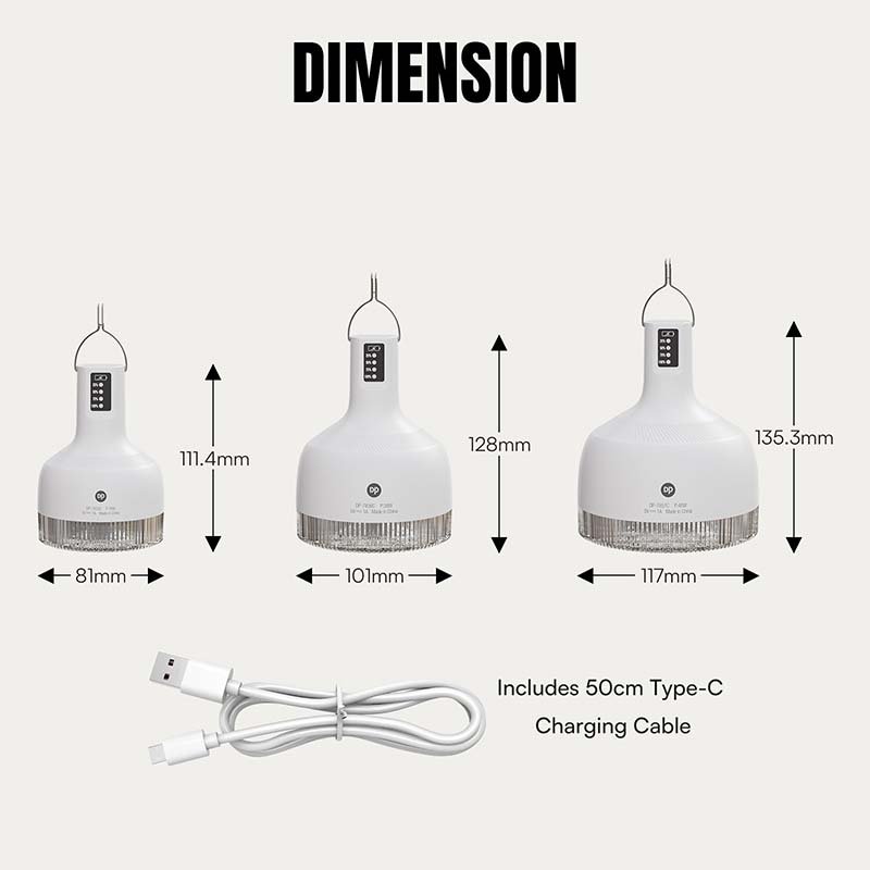 Dimensions of 7855C/7856C/7857C LED camping lanterns showing three sizes and included 50cm Type-C cable.