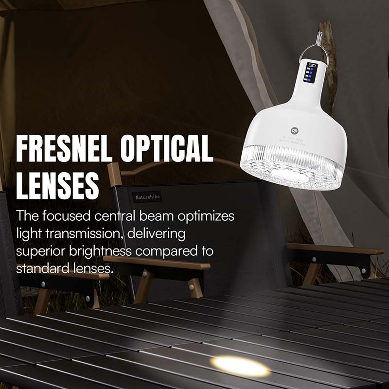 LED camping lantern 7855C/7856C/7857C equipped with Fresnel optical lenses for focused central beam.