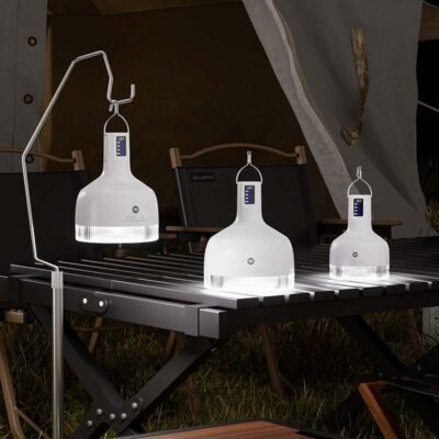 LED camping lantern 7855C/7856C/7857C in three sizes with hanging hooks for outdoor use.