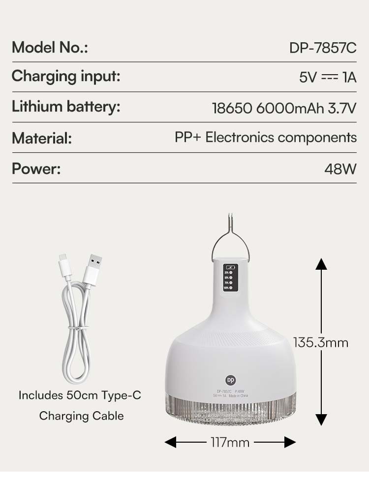 Specifications of 7857C LED camping lantern detailing 48W power, 6000mAh battery, and PP material.