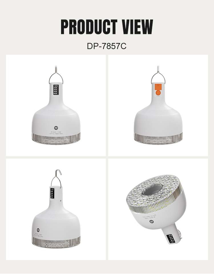 Multi-angle product view of LED camping lantern DP-7857C showing hook, light panel, and housing.