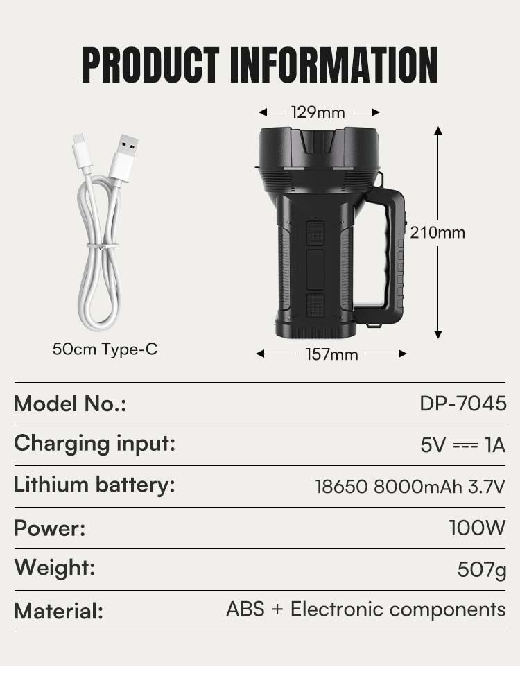 Specifications of 7045 LED search light detailing 100W power and ABS material.