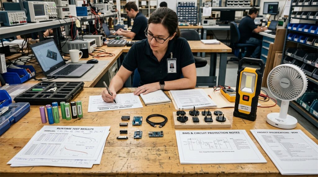 Battery, runtime, charging method, plug type, and compliance files are checked for an OEM quote.