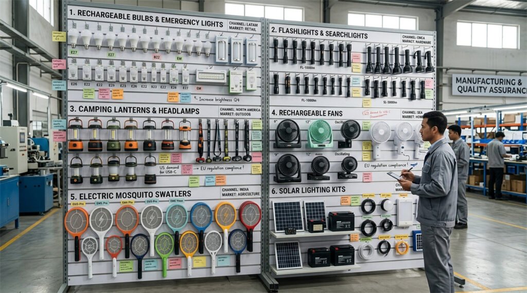Rechargeable lights, fans, mosquito swatters, and solar kits are grouped for OEM planning.