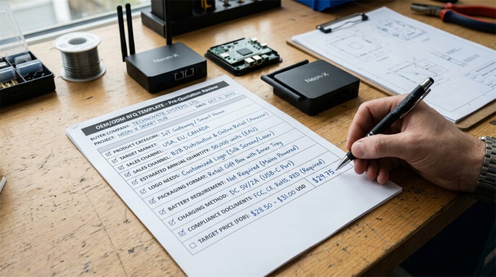 A structured RFQ template lists product category, market, quantity, packaging, and configuration.