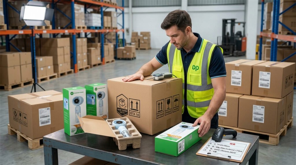 Rechargeable misting fan cartons are checked for packaging strength before wholesale shipment.