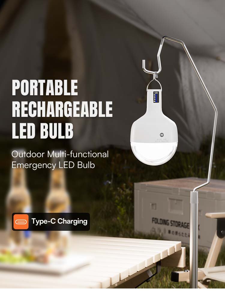 Portable rechargeable LED bulb 7853 for outdoor emergency lighting with Type-C charging port.