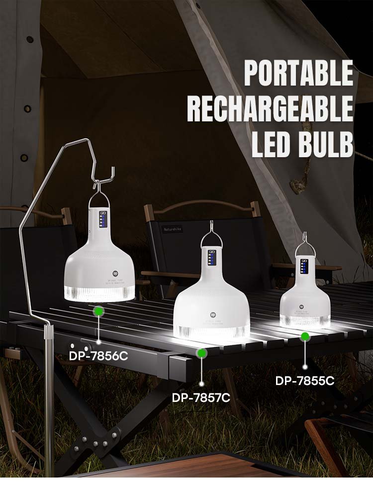 Portable rechargeable LED bulb 7855C/7856C/7857C in three sizes displayed for outdoor illumination.