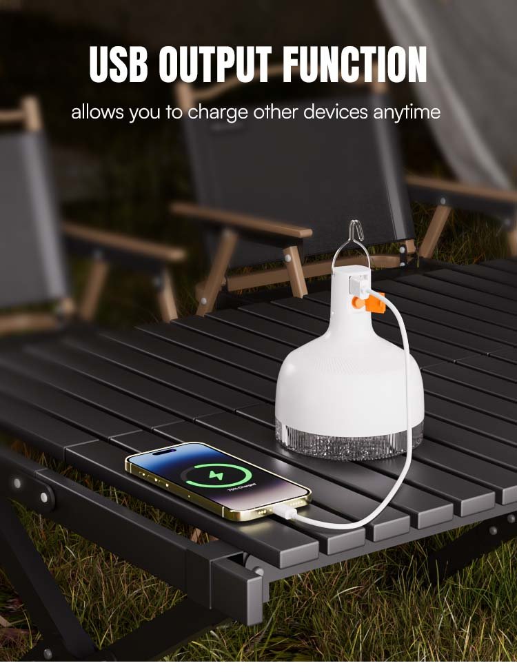 Rechargeable LED bulb 7855C/7856C/7857C with USB output function acting as a power bank for smartphones.