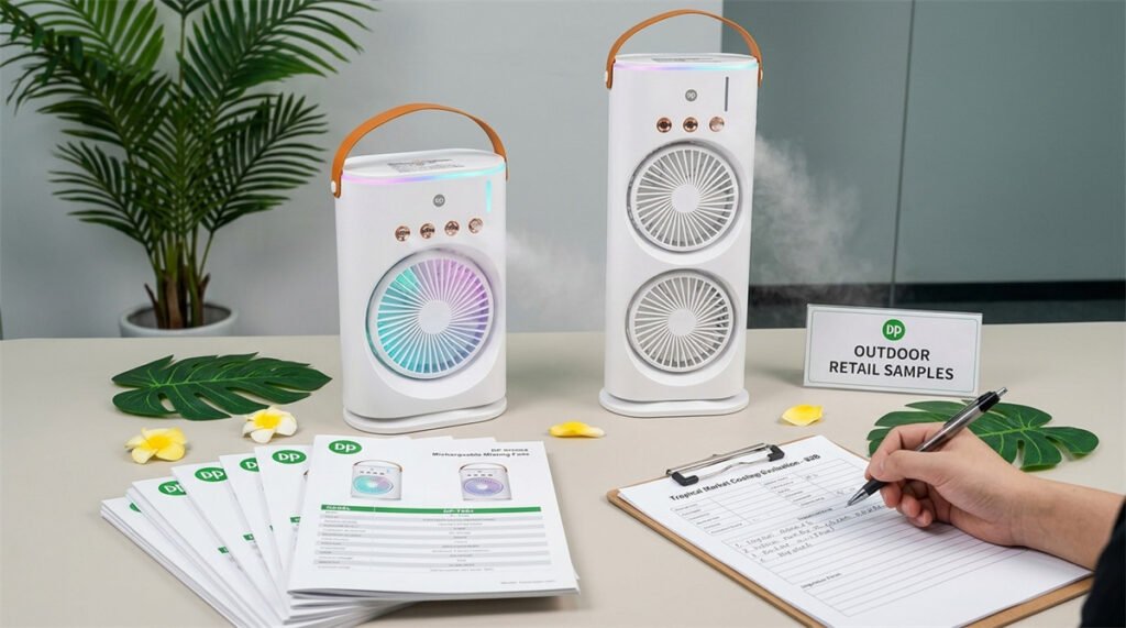 Rechargeable misting fans are displayed for outdoor retail and distributor market evaluation.
