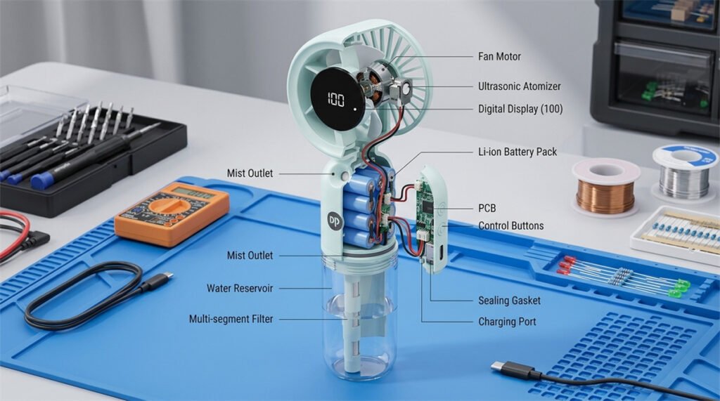 A misting fan cutaway shows the atomizer, water tank, battery, and motor on an engineering workbench.