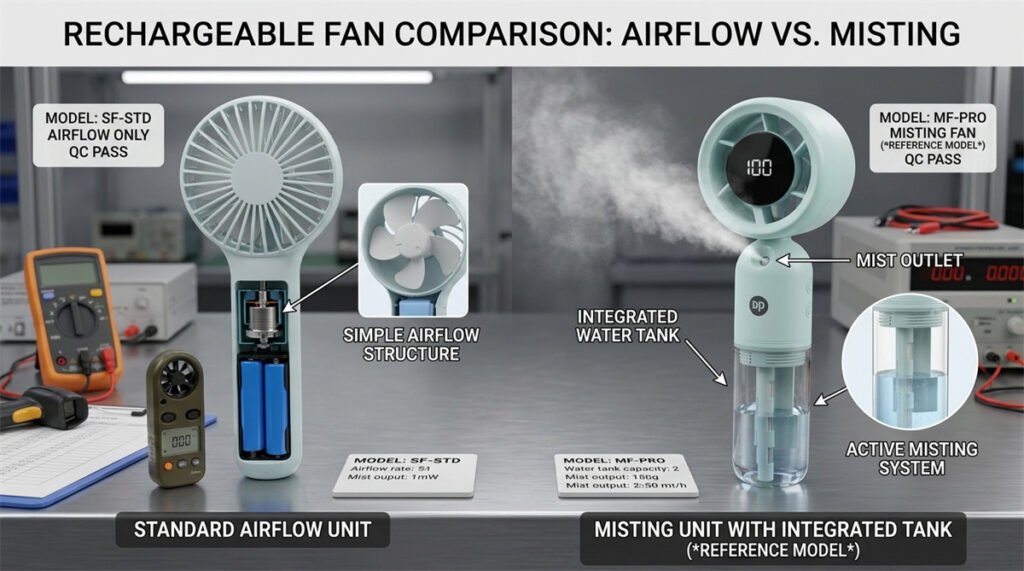 A standard rechargeable fan and a misting fan are compared side by side in a factory testing area.
