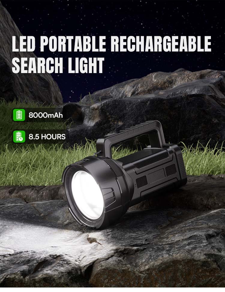 Rechargeable LED search light 7045 with 8000mAh battery and 8.5h runtime.