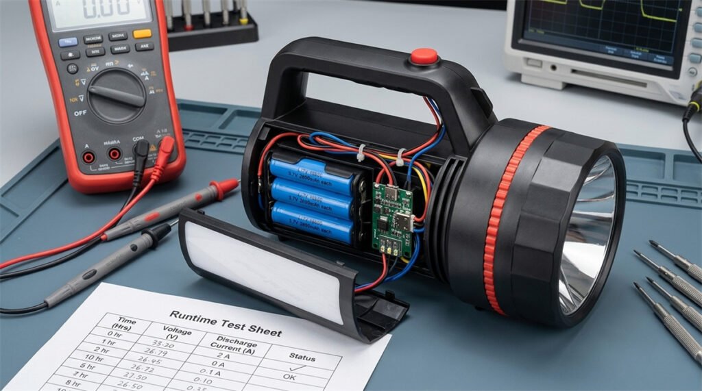 Battery cells and charging parts are inspected beside a rechargeable searchlight housing.