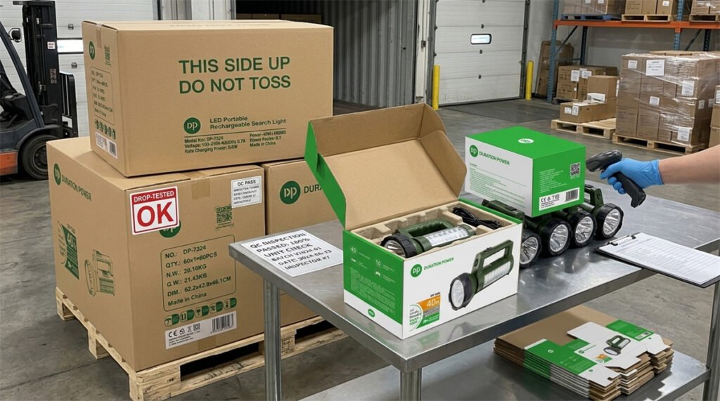 Searchlight cartons are staged for drop testing and container shipment inspection.
