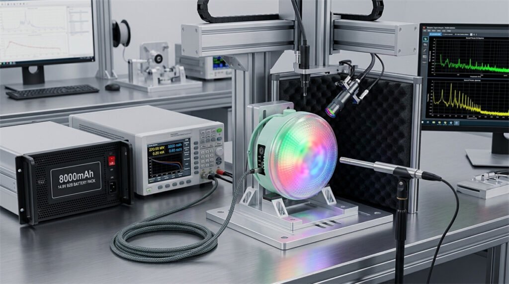 An automated testing machine measures the power output of a lit RGB wireless emergency bulb connected to an 8000mAh battery.