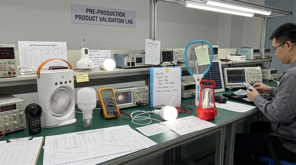 Rechargeable product samples are tested for battery runtime, charging, and performance.