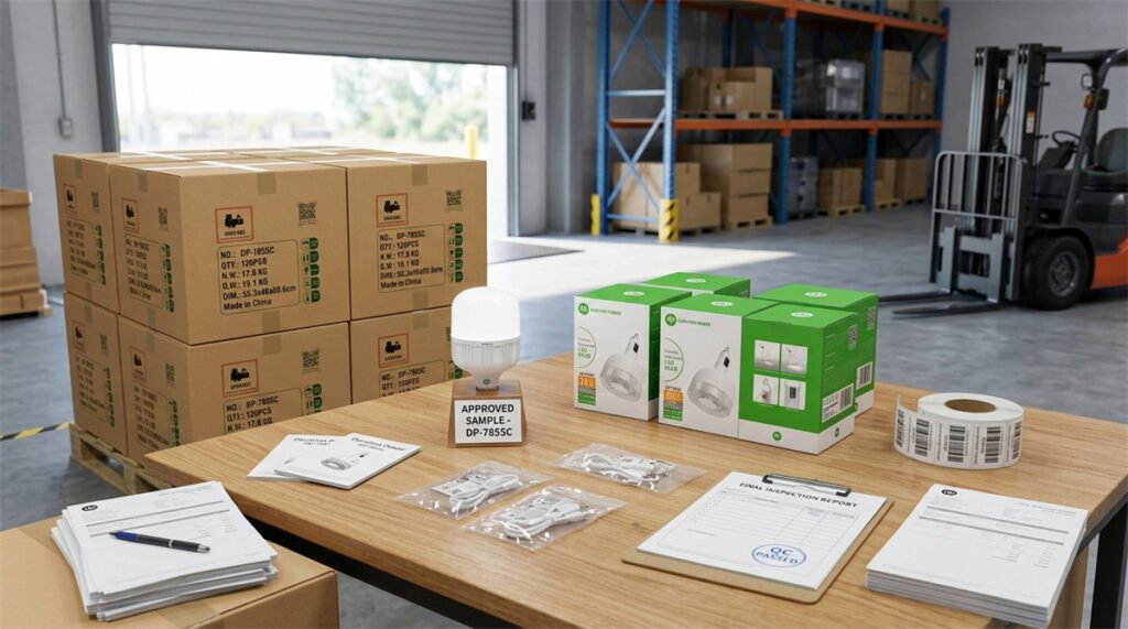 Final approved samples, cartons, and QC files are prepared before bulk shipment.