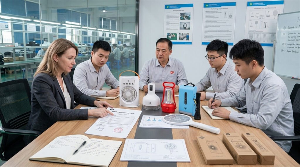 An importer and factory team review approved samples before mass production.