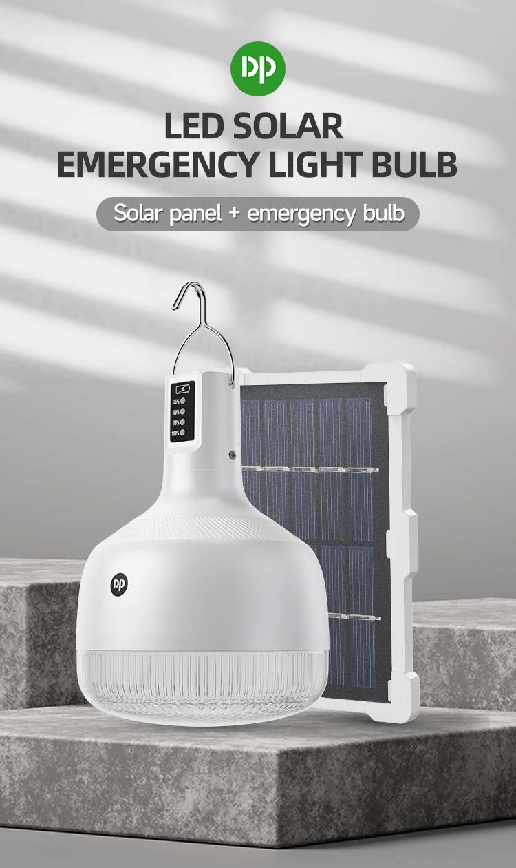 Solar emergency light bulb 7813T featuring a solar panel and metal hanging hook.