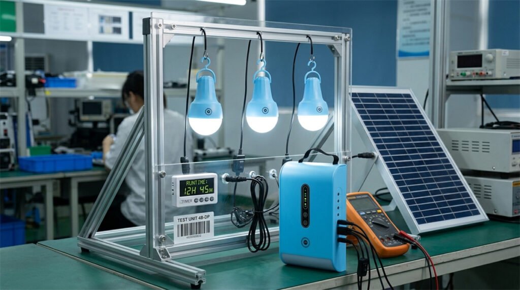 Three LED bulbs connected to a single solar lighting power unit illuminate brightly during a factory runtime test.