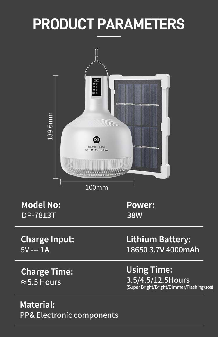 Specifications of 7813T solar LED bulb detailing 38W power, 4000mAh battery, and PP material.
