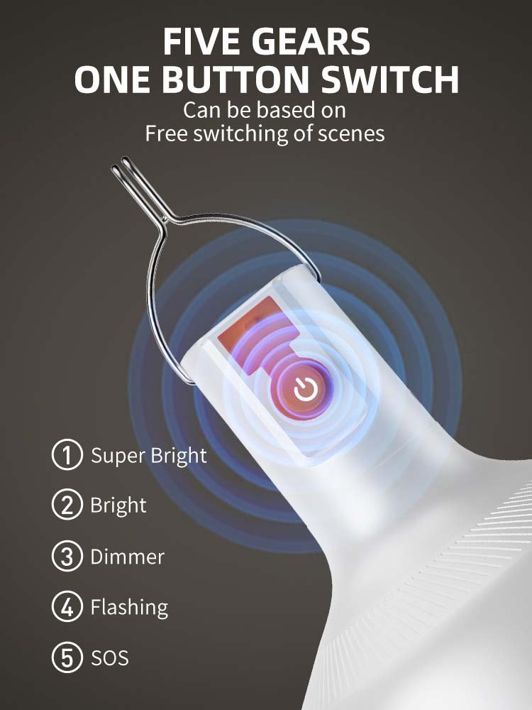 Solar LED bulb 7813T with a one-button switch controlling 5 gears including flashing and SOS.