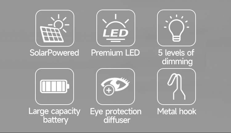 Solar LED bulb 7813T features including solar power, 5 levels of dimming, and metal hook.