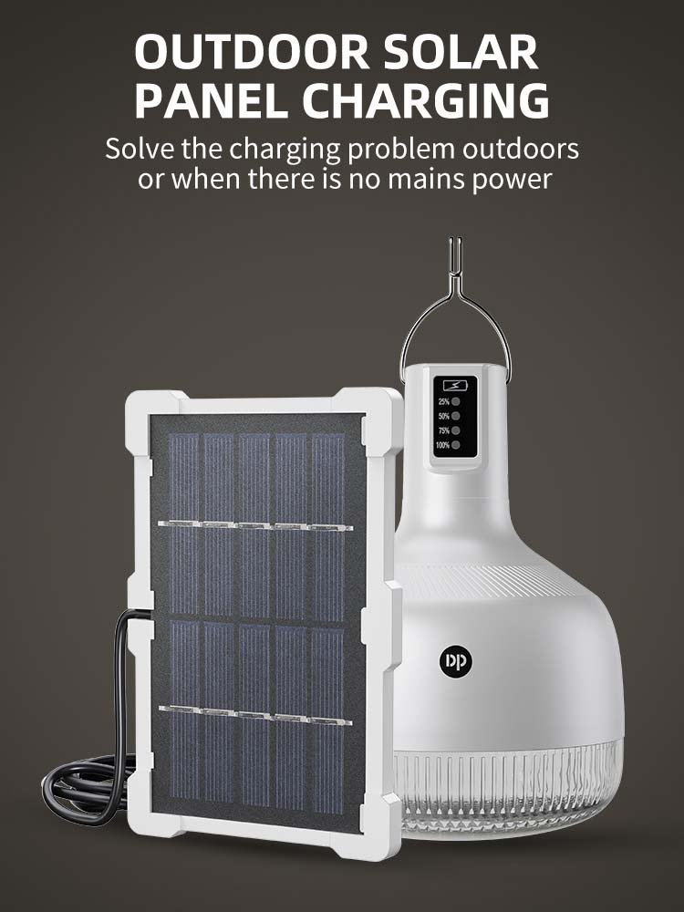 Solar LED bulb 7813T connected to an outdoor solar panel for off-grid power charging.