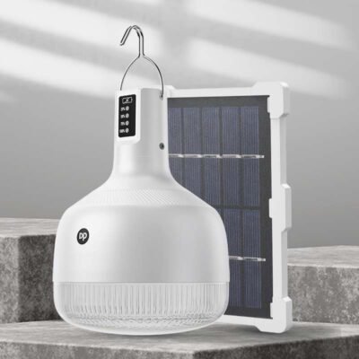 Solar LED camping lantern 7813T equipped with a solar panel and hanging hook for outdoor charging.